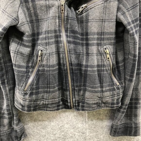 American Eagle Fleece Moto Jacket Womens S Gray Plaid Cotton Zip Up - Picture 5 of 12